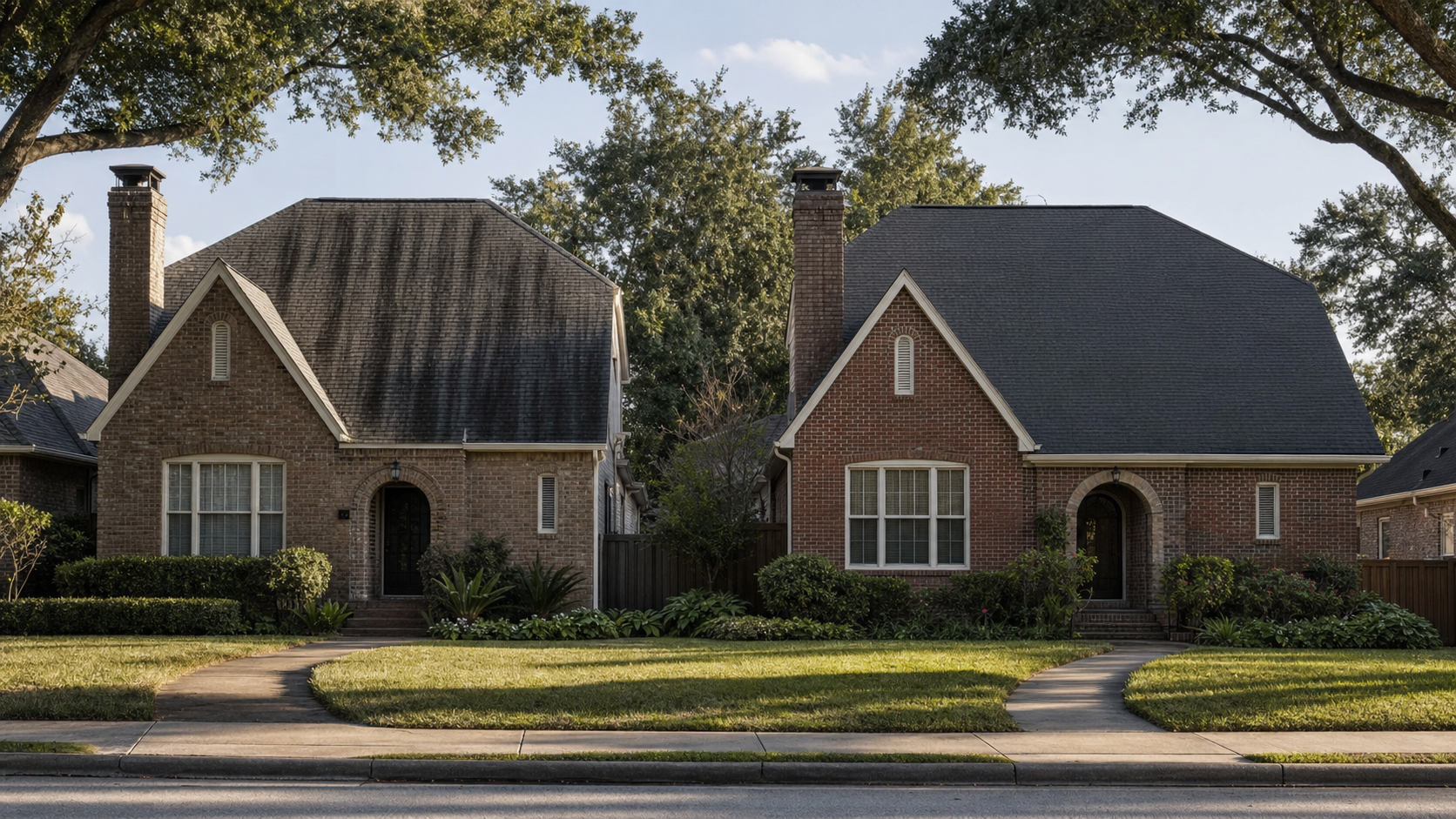 Two Houston homes side by side one with algae streaks and one clean