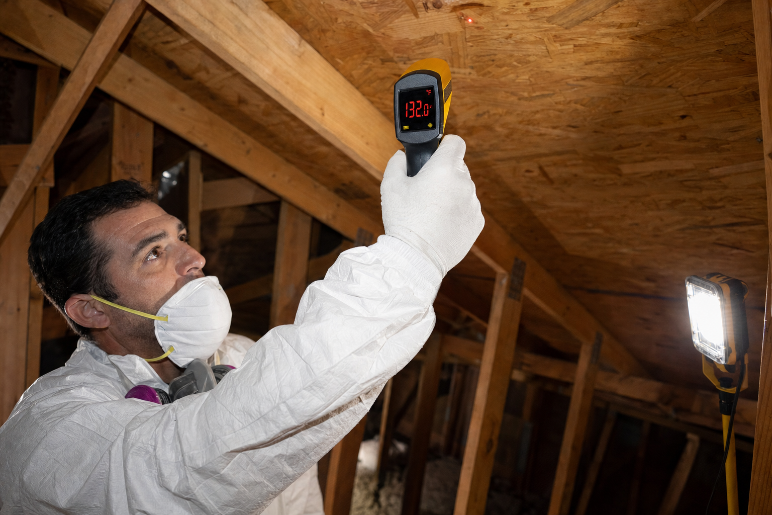 DC Pines installer measuring 132°F attic roof deck temperature before radiant barrier installation
