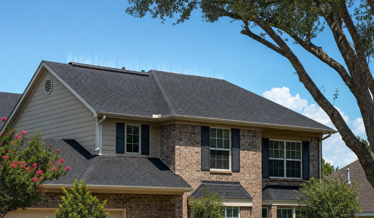 Two-story Houston brick home under harsh midday summer sun with dark asphalt shingle roof and visible ridge vent