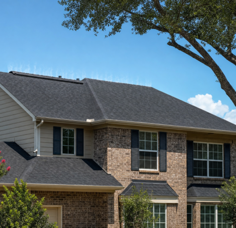 Two-story Houston brick home under harsh midday summer sun with dark asphalt shingle roof and visible ridge vent