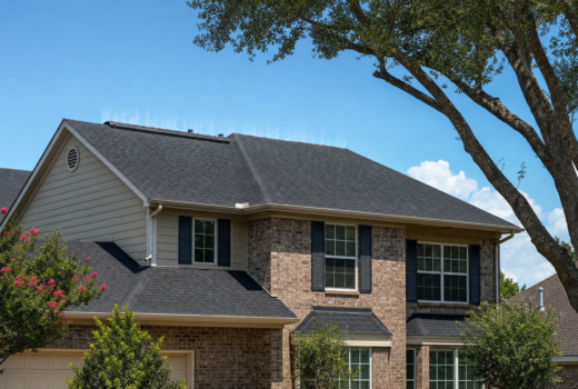 Two-story Houston brick home under harsh midday summer sun with dark asphalt shingle roof and visible ridge vent