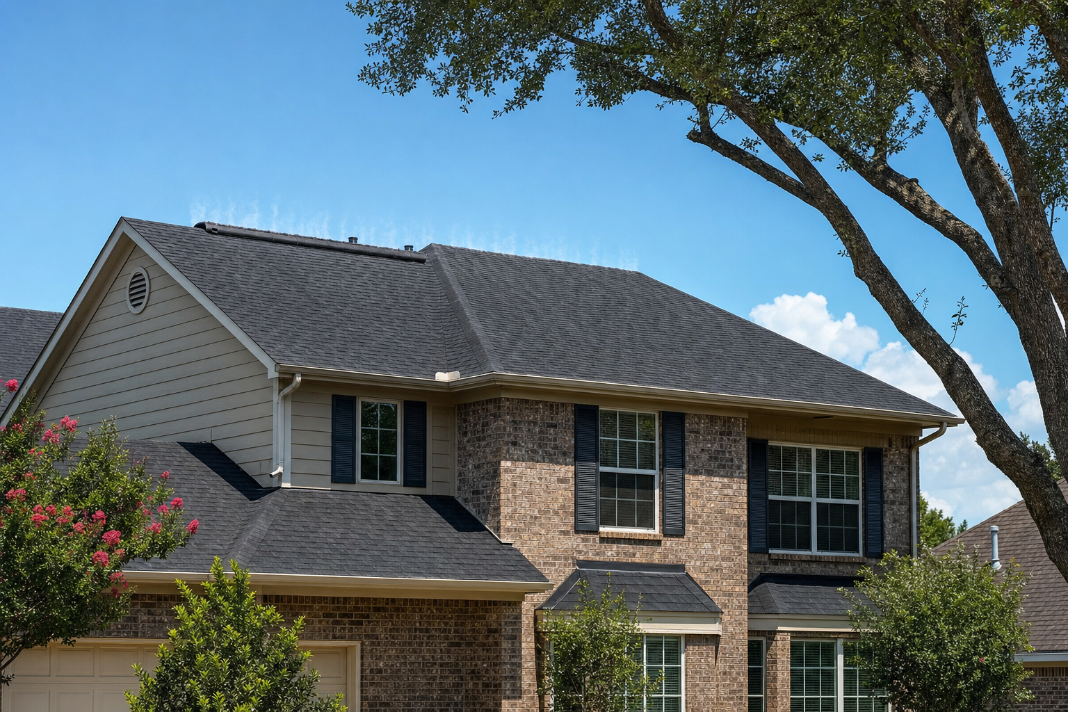Two-story Houston brick home under harsh midday summer sun with dark asphalt shingle roof and visible ridge vent