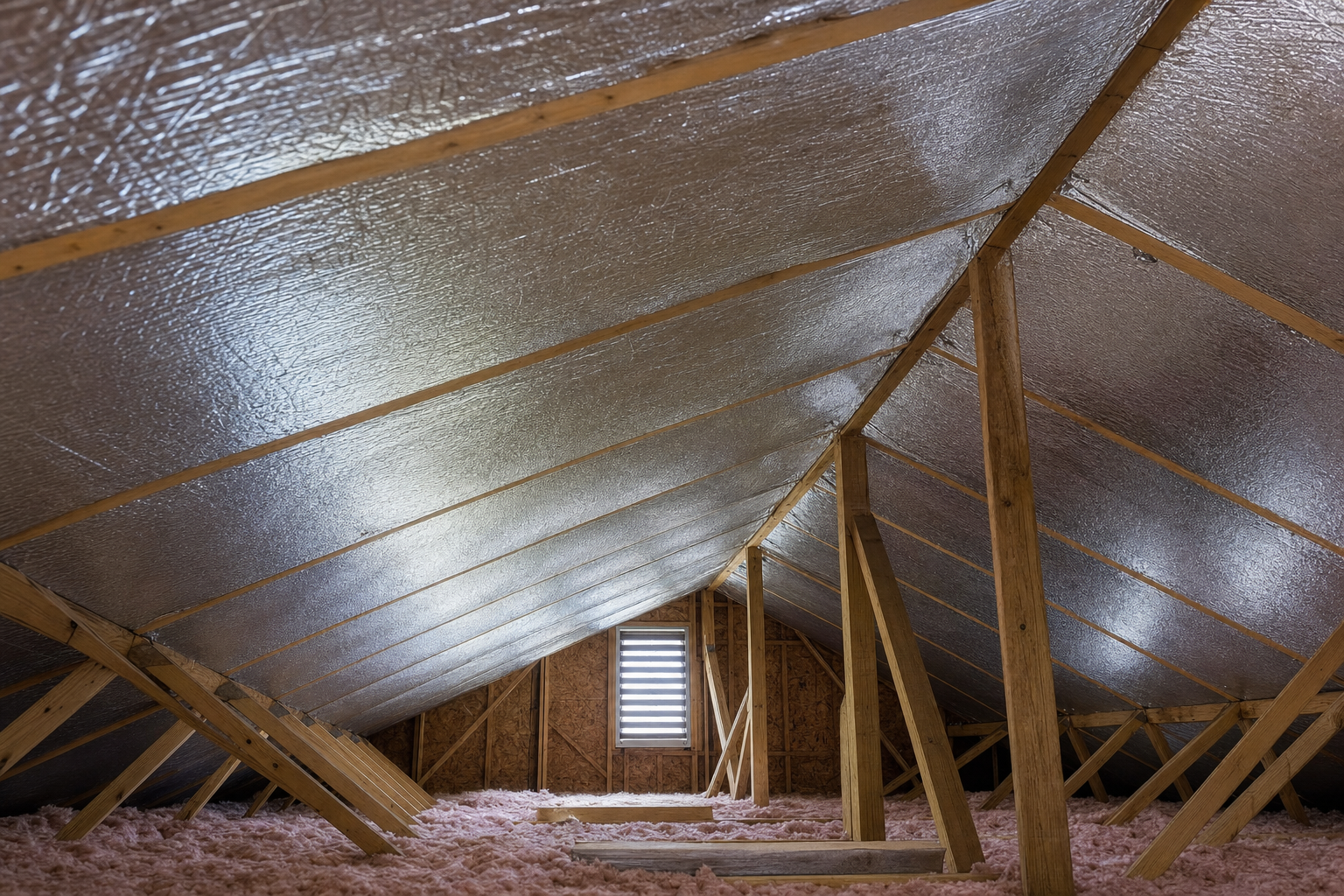 Attic interior showing reflective radiant barrier foil installed on the underside of roof decking with pink insulation on the attic floor