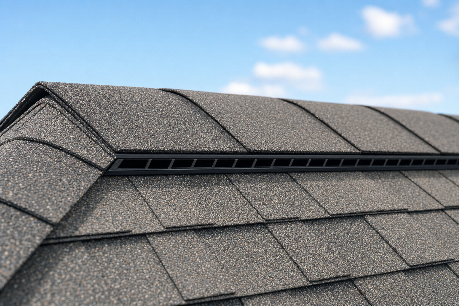 Close-up of a modern low-profile ridge vent integrated along the peak of an asphalt shingle roof