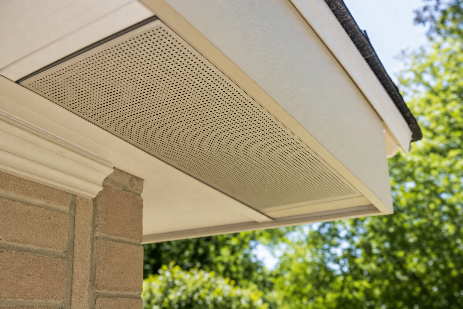 Perforated aluminum soffit intake vent installed under the eave of a Houston home