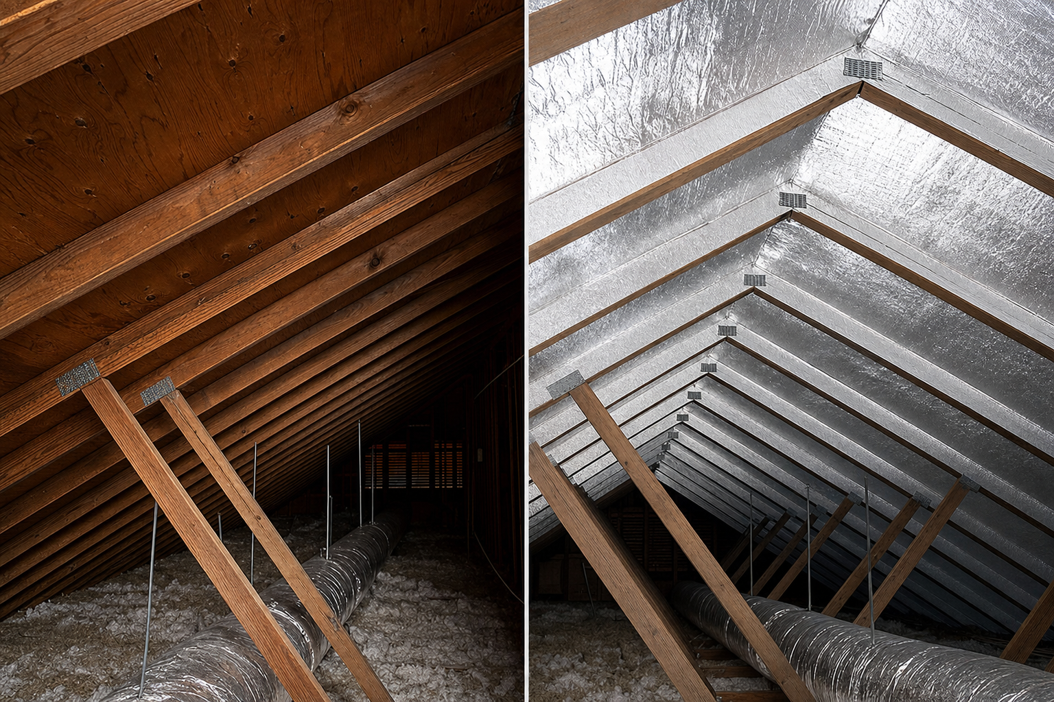 Attic before and after radiant barrier — bare wood deck versus reflective foil surface
