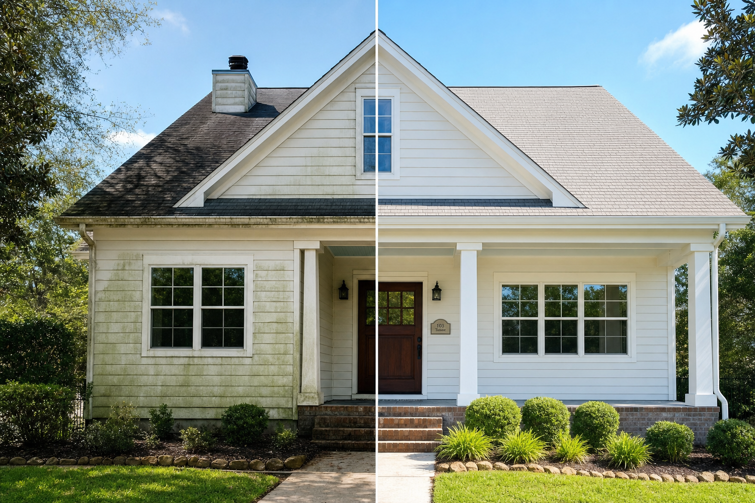Whole Houston home before and after full soft wash — clean roof, clean siding, restored curb appeal