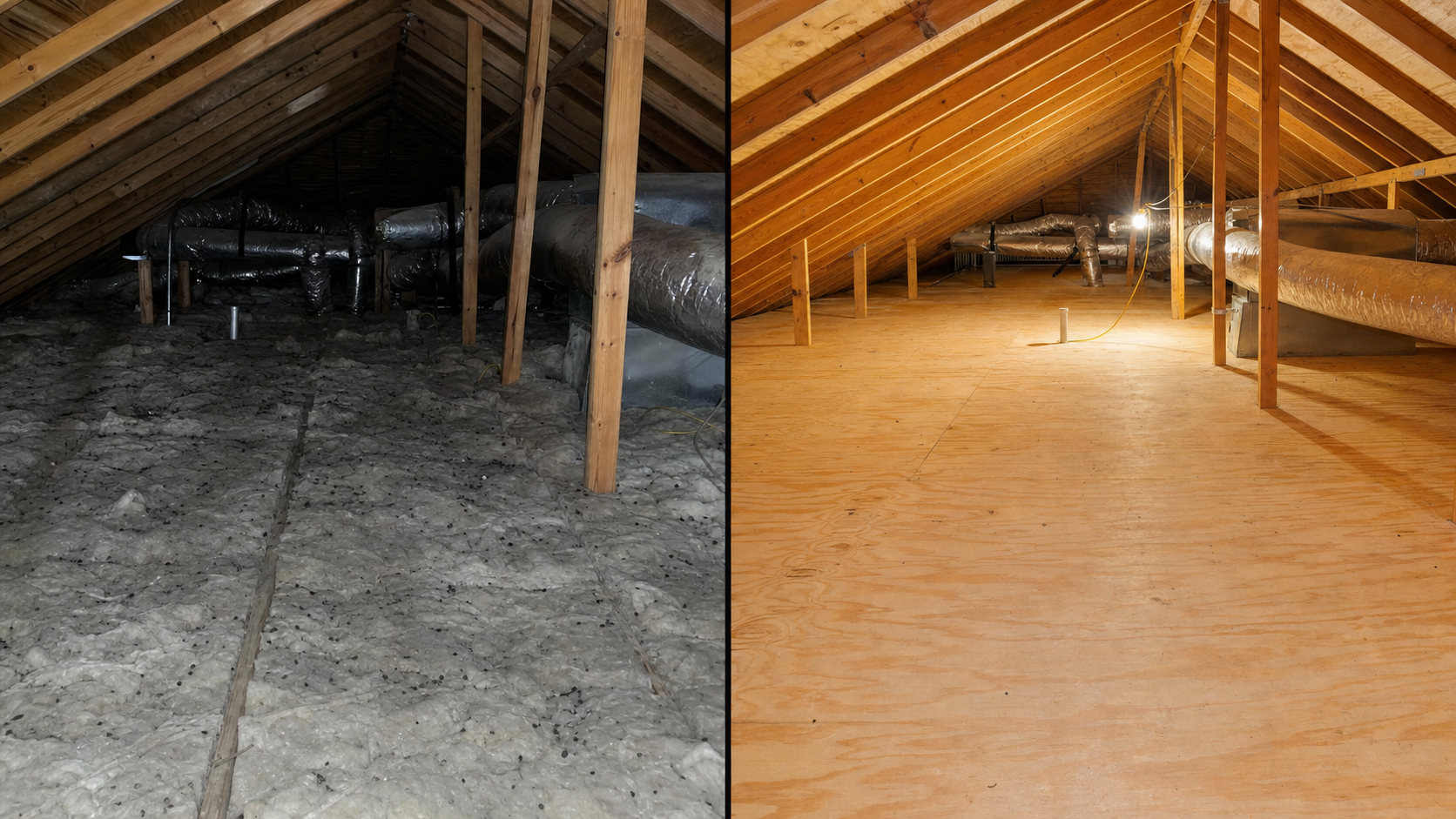 Attic before and after — old contaminated batts removed and decking sanitized, ready for new blown-in insulation