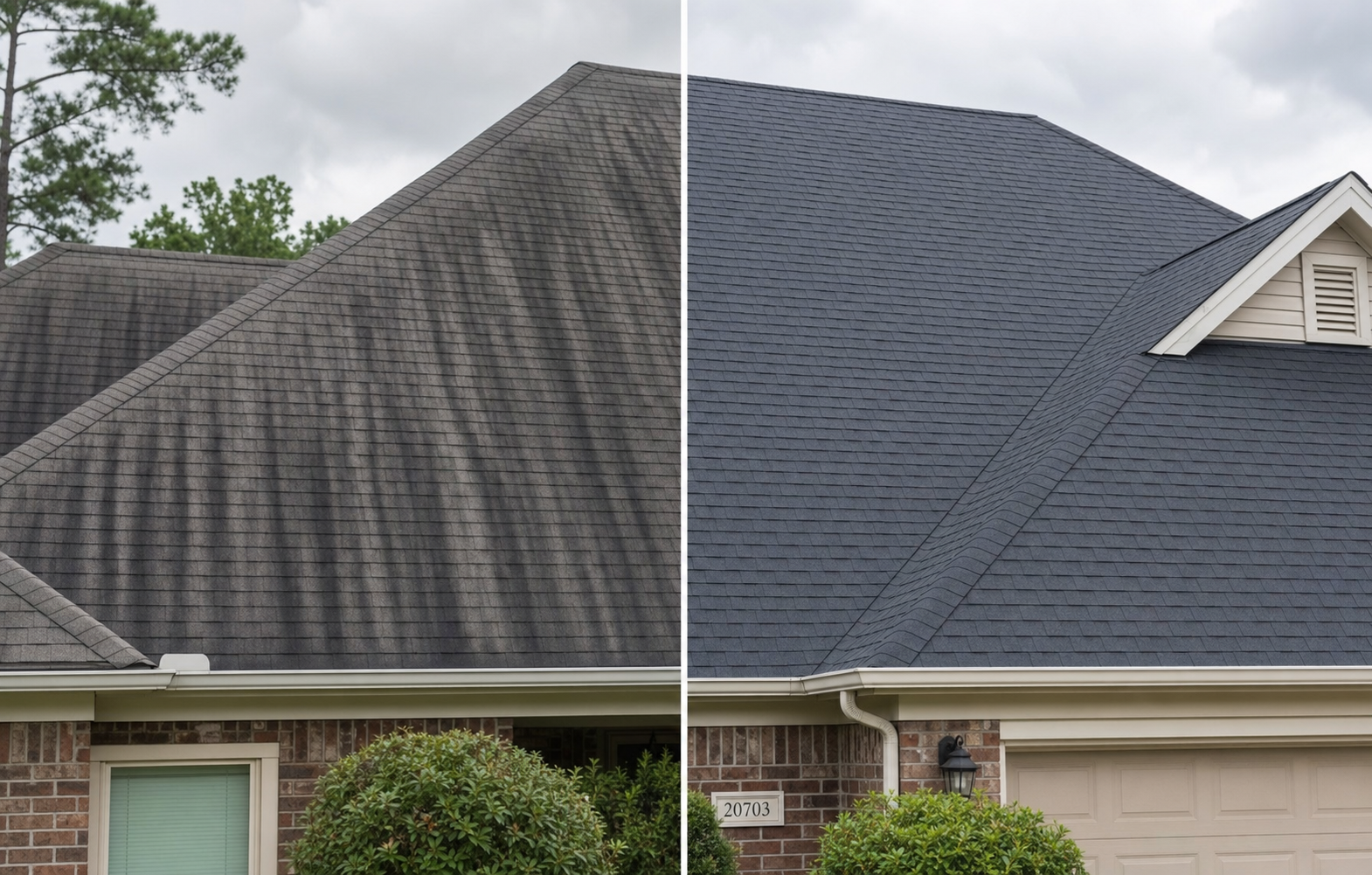 Houston roof before and after professional soft wash — heavy gloeocapsa magma streaks completely removed