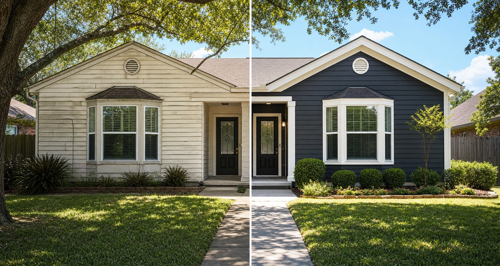 Houston home before and after — tired 1990s vinyl siding replaced with modern James Hardie fiber cement