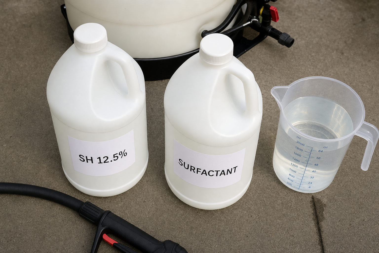Soft-wash chemistry mixing station: SH 12.5% sodium hypochlorite, professional surfactant, and a measuring pitcher on the driveway next to our tank