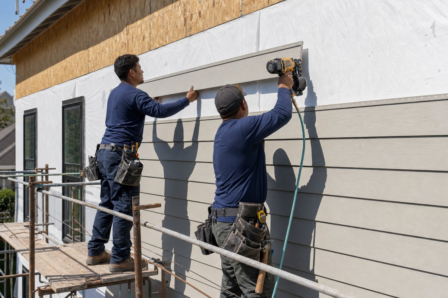 DC Pines siding crew installing James Hardie fiber cement lap planks on a Houston home over housewrap