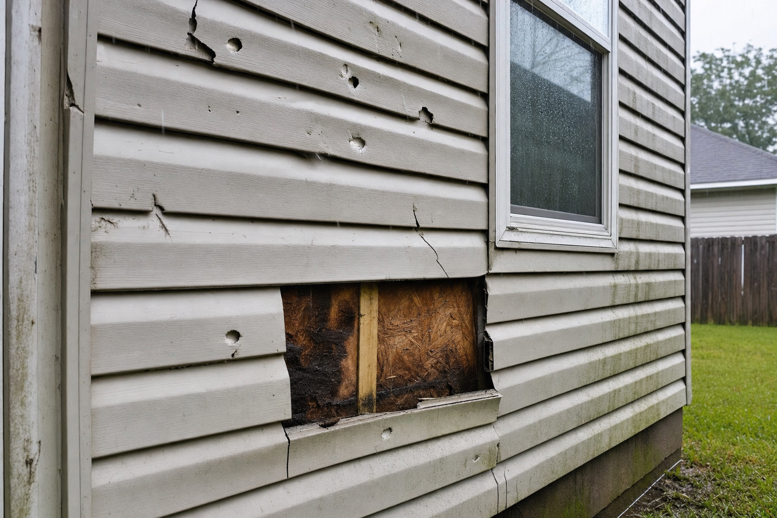 Storm-damaged vinyl siding on a Houston home — the kind of damage we repair or replace under insurance claims