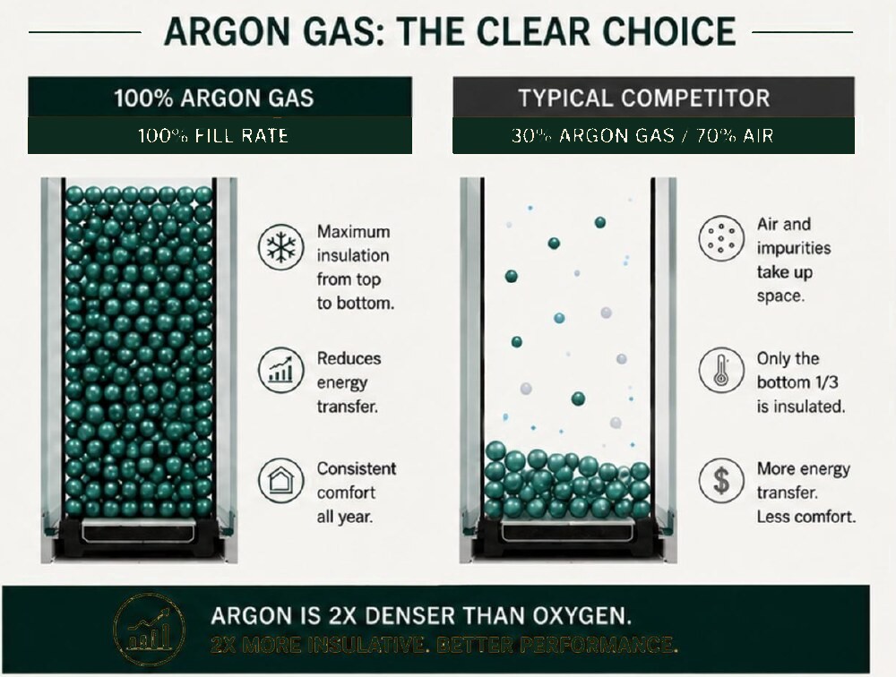 A 100% argon gas fill compared against a typical 30% argon and 70% air insulated glass unit