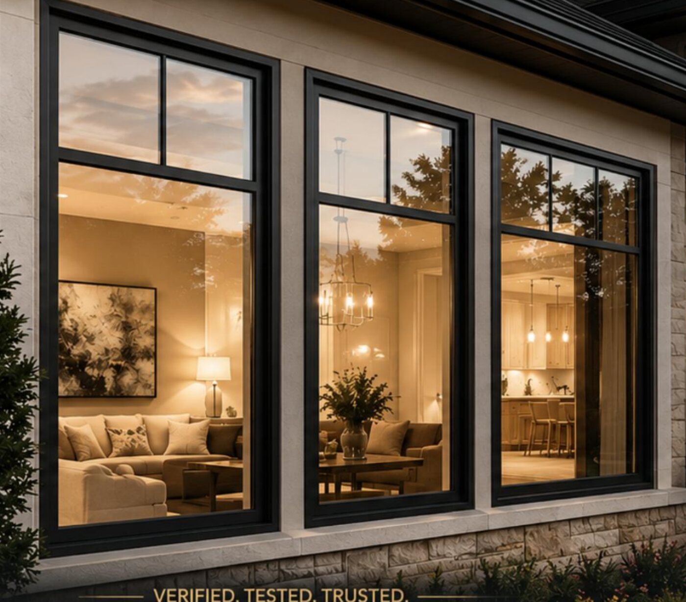 Replacement windows on a Houston home at dusk