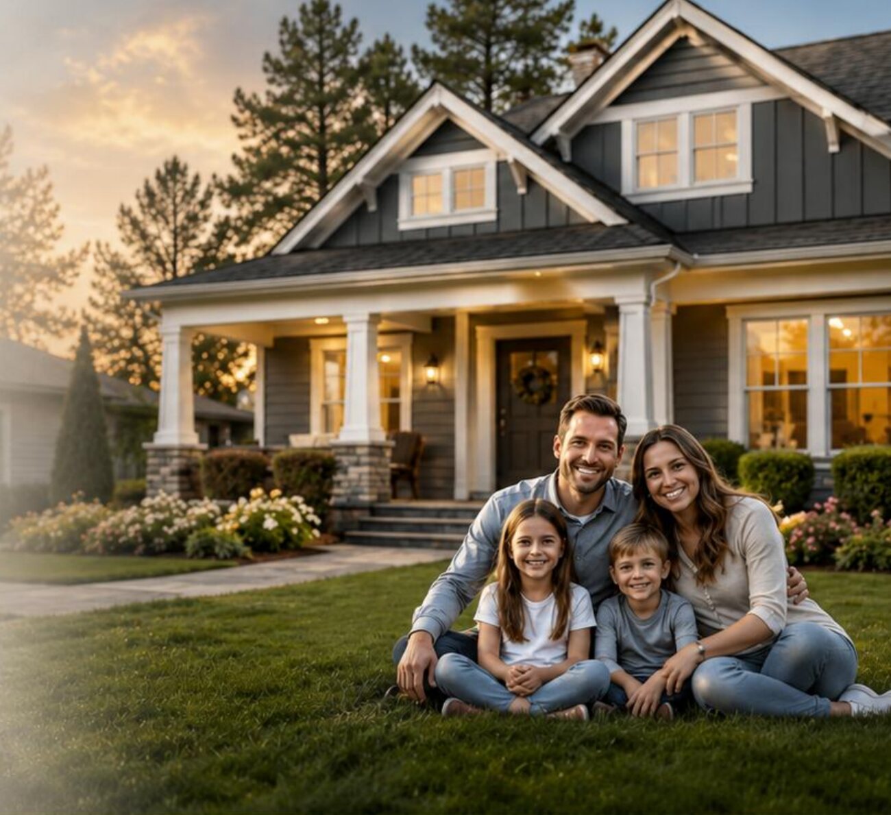 A Houston family in front of their home after a DC Pines window replacement