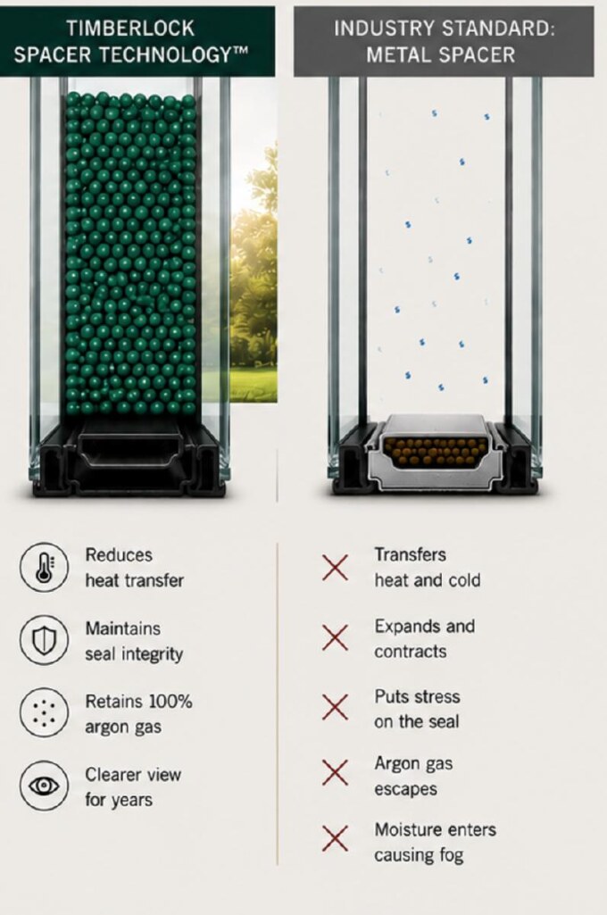 The TimberLock polycarbonate spacer compared against a conventional metal spacer