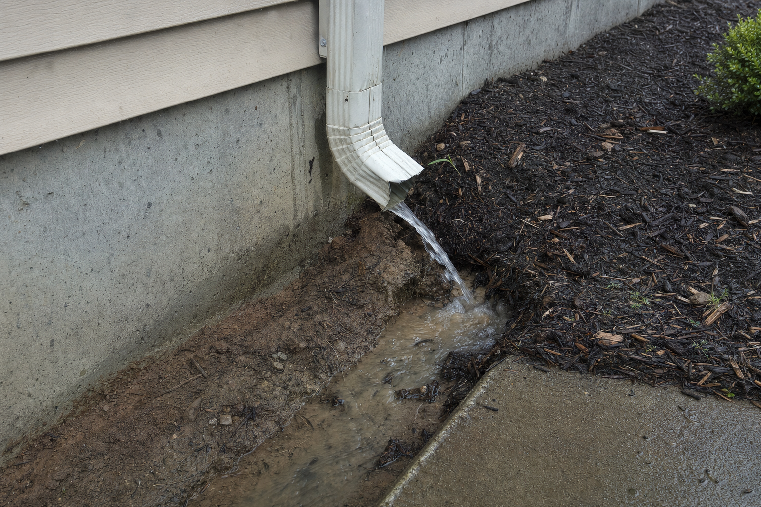 Downspout dumping water directly at the slab foundation, causing an erosion trench and washed-out mulch — one of the most damaging gutter drainage failures.