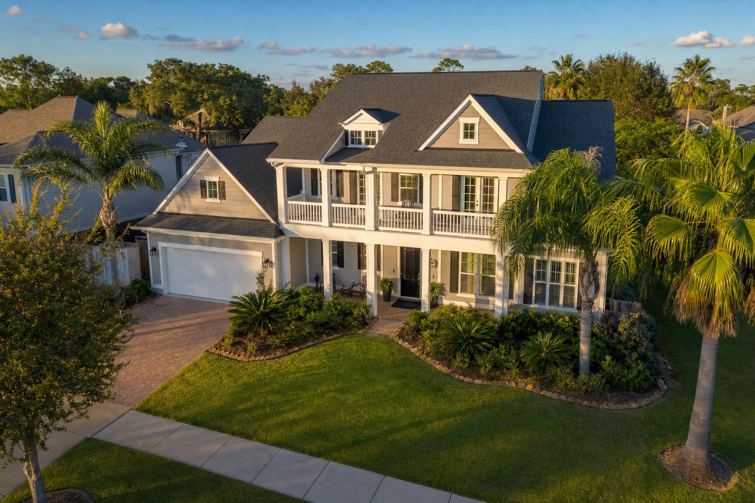 Beautiful Houston home with a streak-free roof and fresh siding after DC Pines soft-wash service