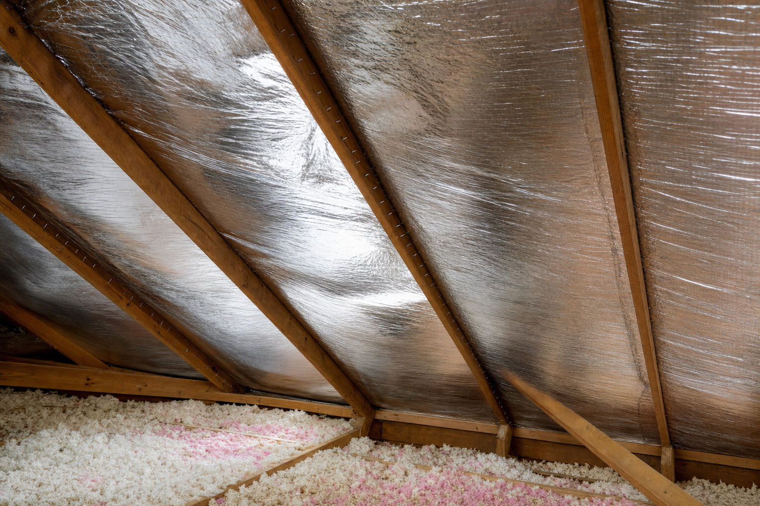 Perforated radiant barrier foil sheeting properly stapled to Houston attic rafters with air gap intact — DC Pines