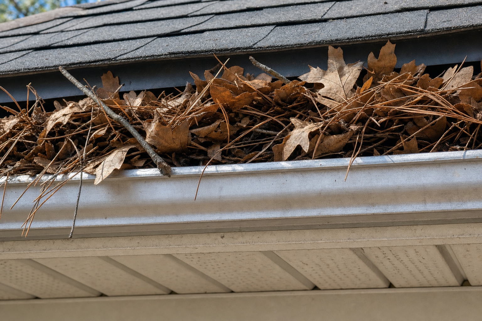 Aluminum gutter clogged with live oak leaves, pine needles, and small twigs — typical Houston tree debris that blocks water flow.