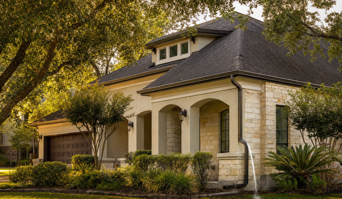 Well-maintained seamless aluminum gutter and downspout on a Houston-area home with lush landscaping