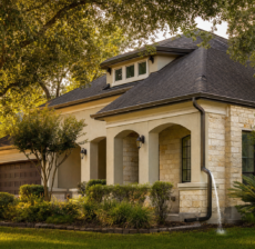 Well-maintained seamless aluminum gutter and downspout on a Houston-area home with lush landscaping