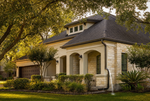 Well-maintained seamless aluminum gutter and downspout on a Houston-area home with lush landscaping
