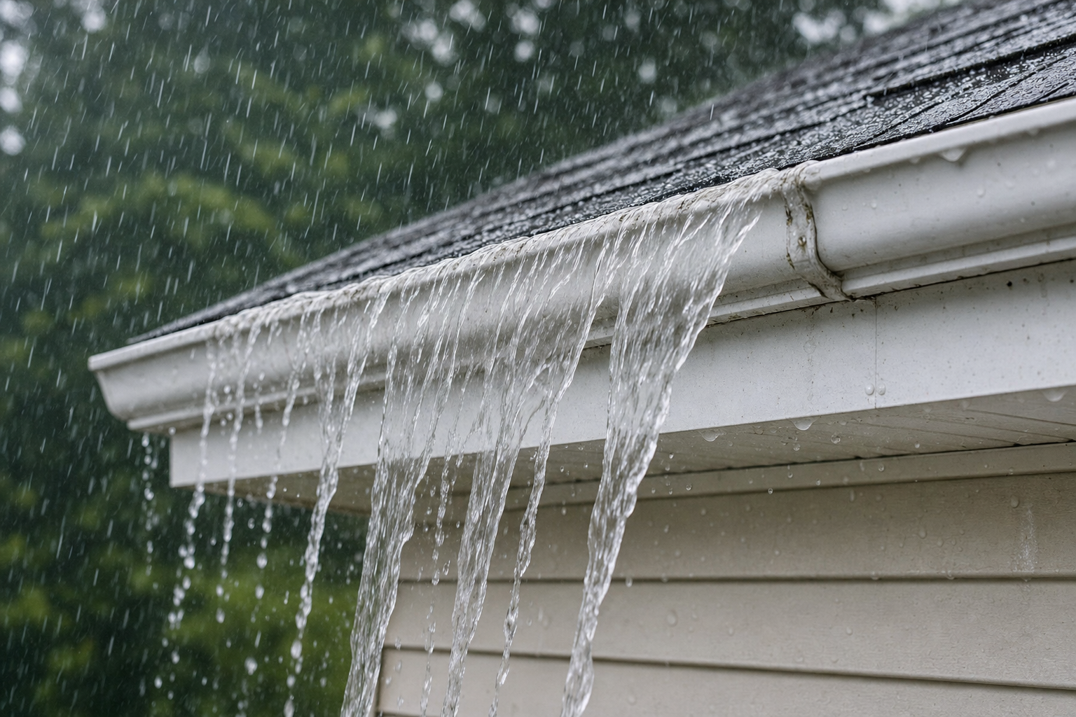 Water sheeting over the front edge of an aluminum gutter during a heavy Houston rainstorm — a sign the gutter is clogged or undersized.