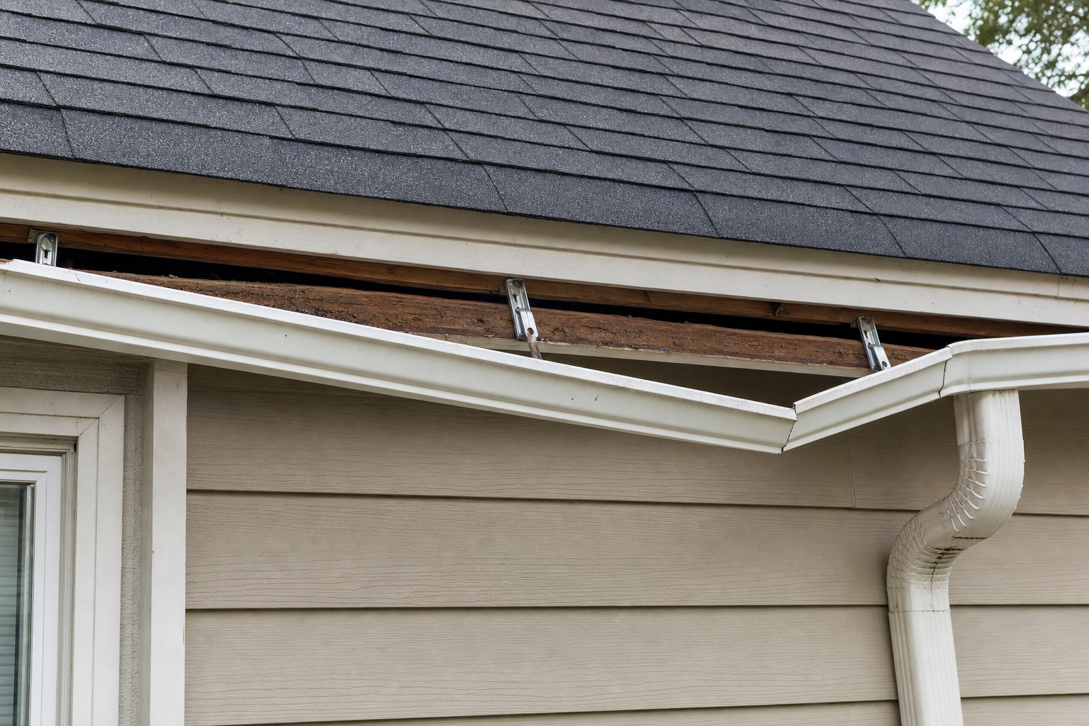Residential gutter sagging and pulled away from the fascia board, exposing rotted wood beneath — a common failure caused by trapped debris and standing water.