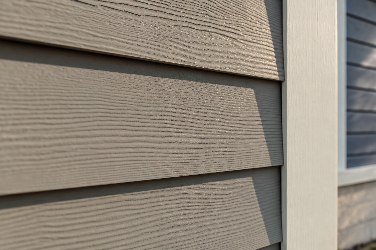 Close-up of James Hardie fiber cement lap siding board texture and shadow line
