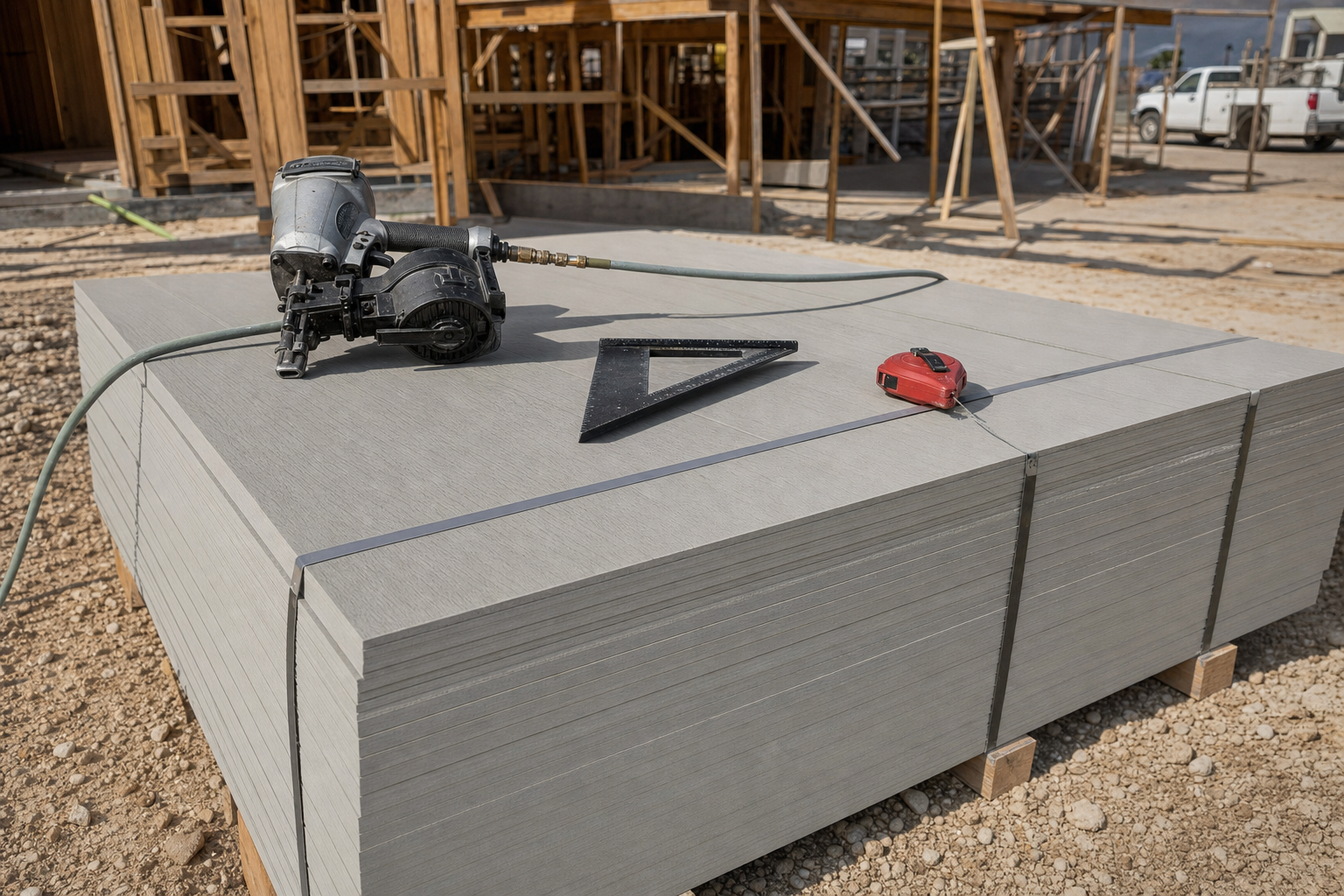 Stack of James Hardie fiber cement planks with a coil nailer and framing square on top