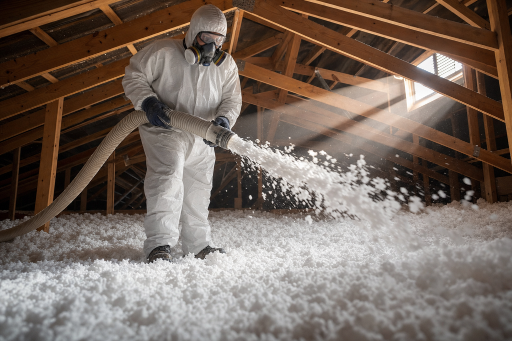 Installer blowing insulation into an attic