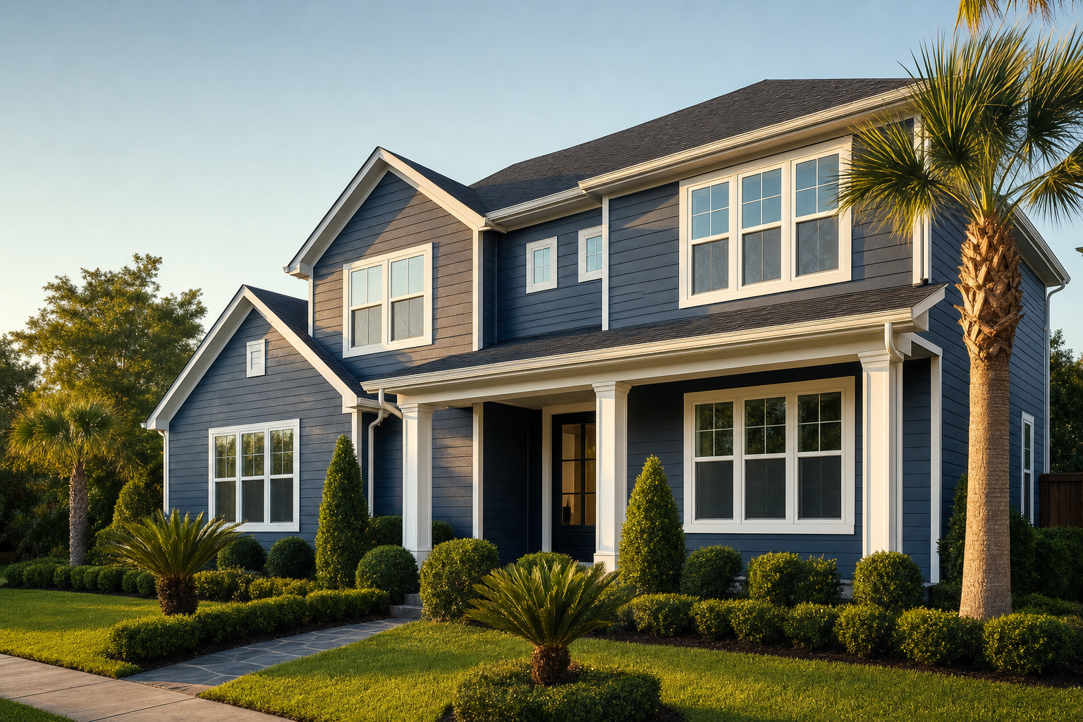 Houston two-story home clad in navy James Hardie HZ5 fiber cement lap siding with crisp white trim