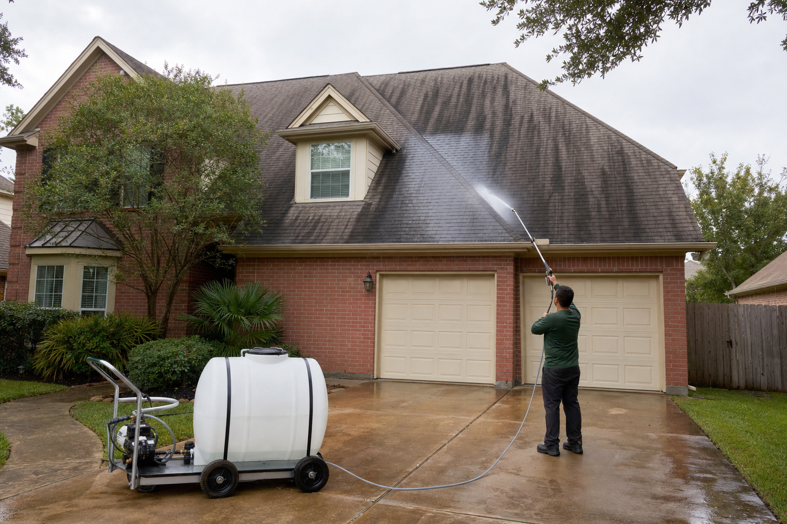 DC Pines soft-wash technician gently cleaning a stained Houston roof with a low-pressure wand
