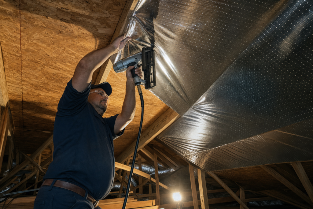 Installer stapling radiant barrier foil in an attic