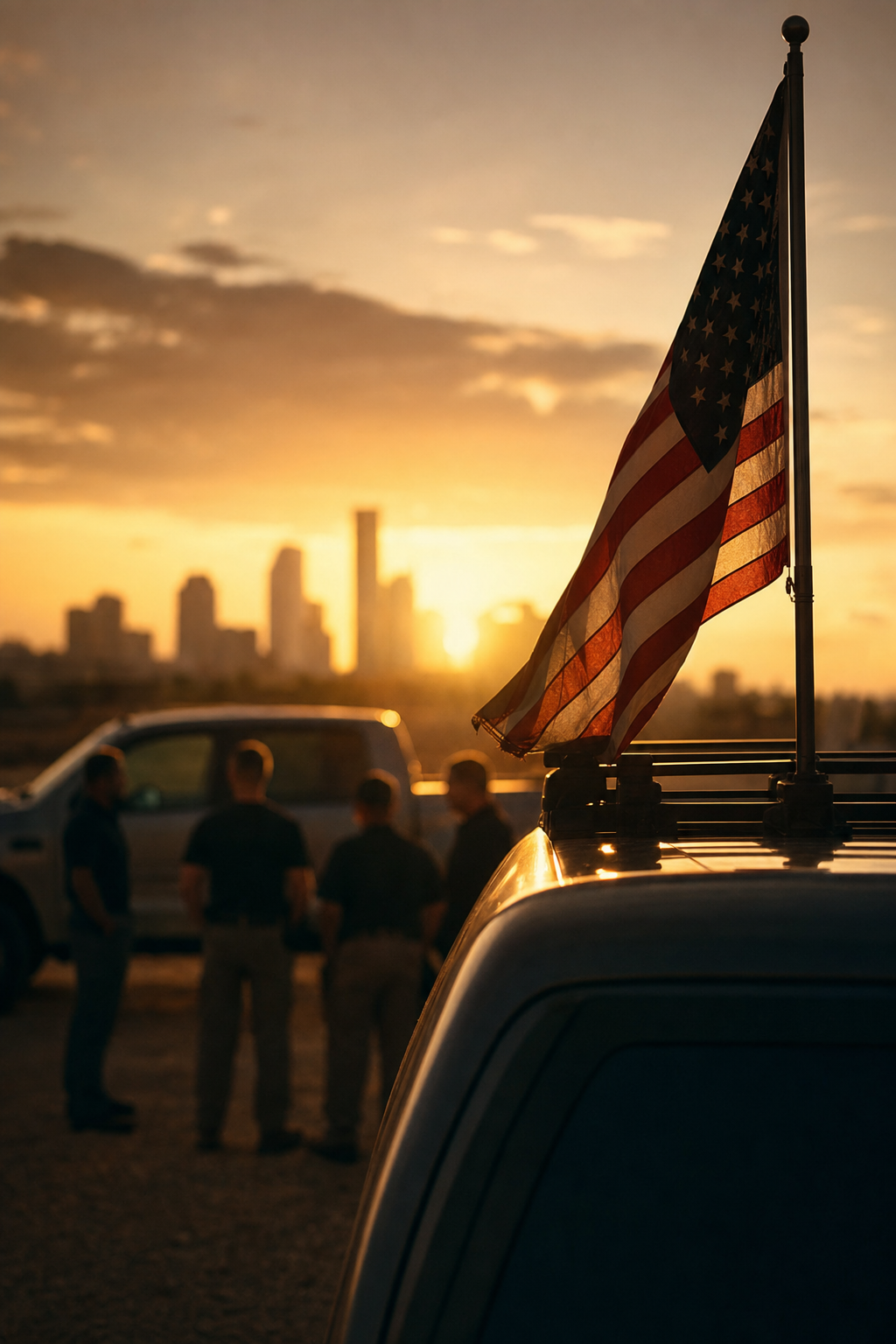 American flag at sunset with DC Pines crew