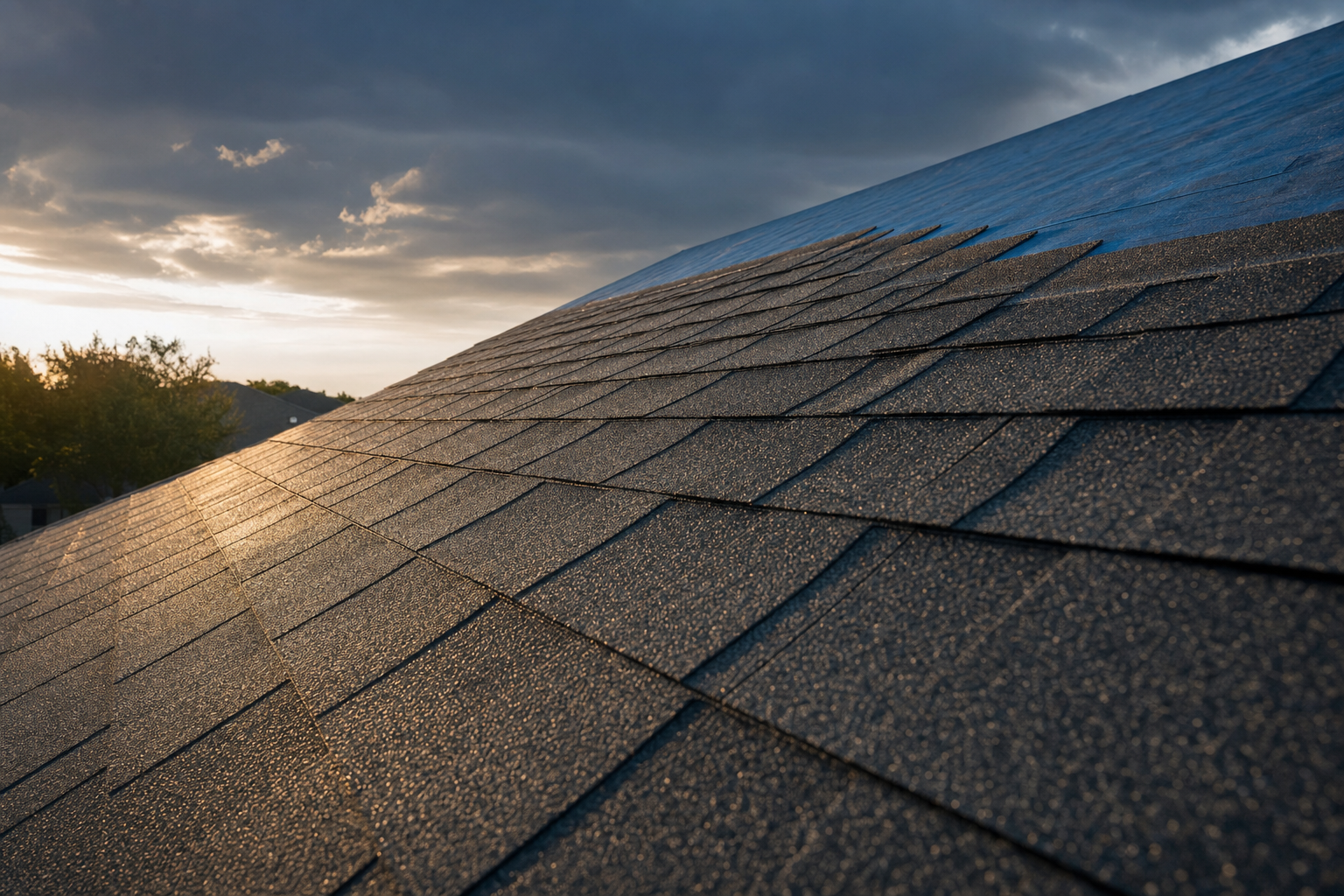 Close-up of freshly installed dark asphalt shingles at golden hour