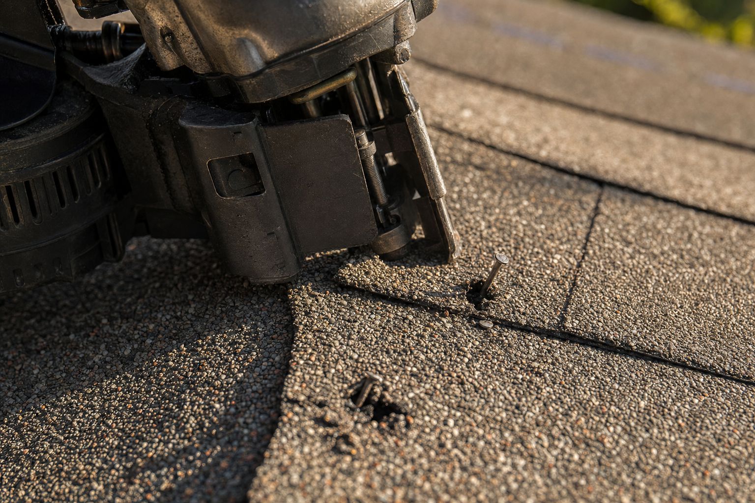 Pneumatic nail gun over-driving nails through an asphalt shingle, tearing the shingle mat