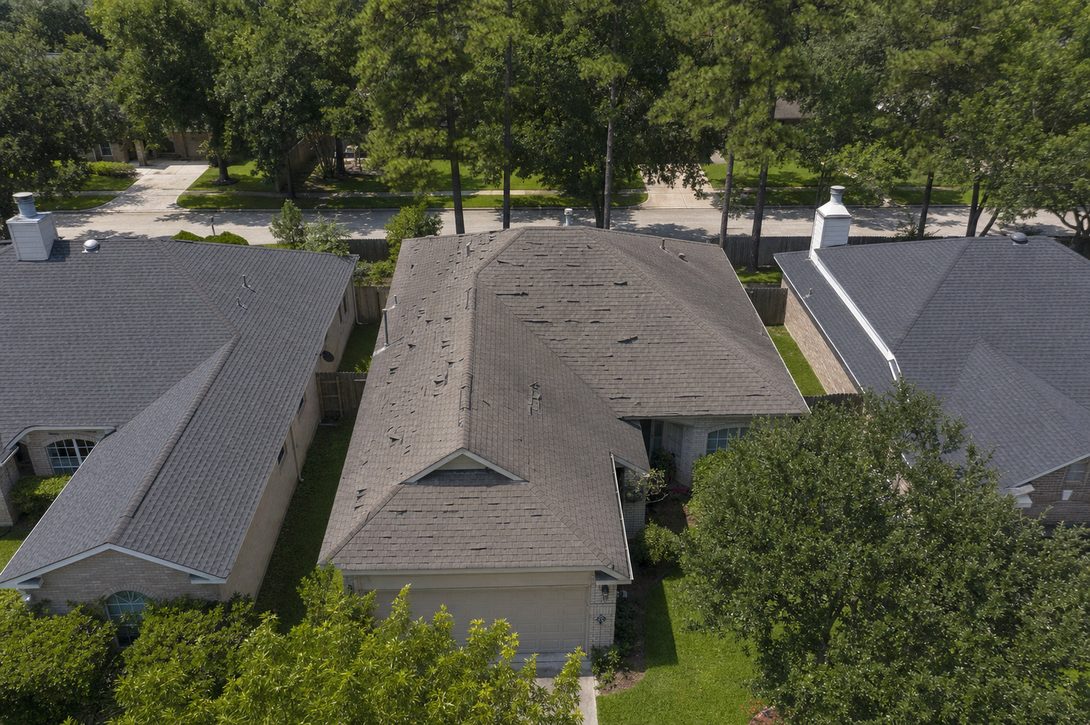 Aerial view of a Houston home with a buckled shortcut-installed roof