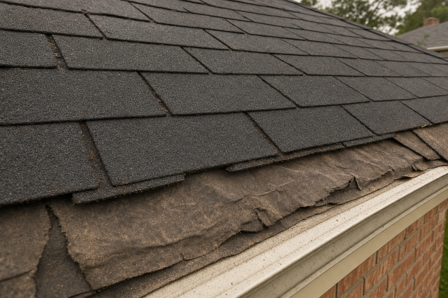 Cheap 3-tab shingles installed over thin wrinkled 15-pound felt paper