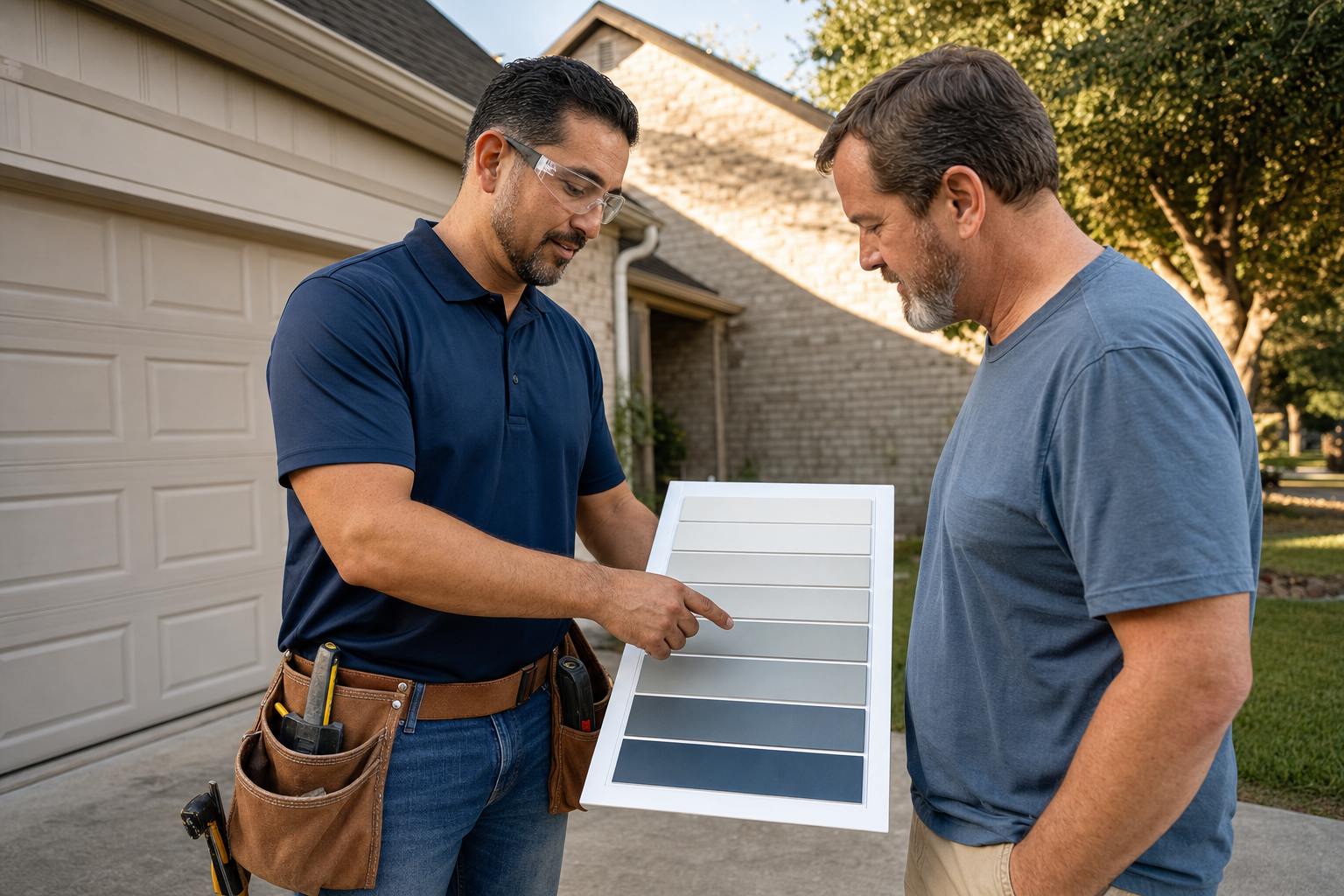 DC Pines siding consultation with a Houston homeowner reviewing color samples