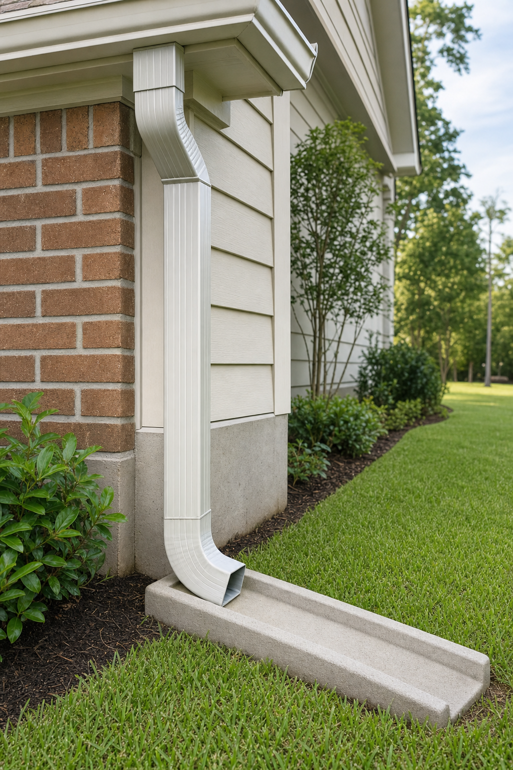3-inch by 4-inch aluminum downspout dropping from a K-style gutter to a concrete splash block that carries water away from the Houston home foundation