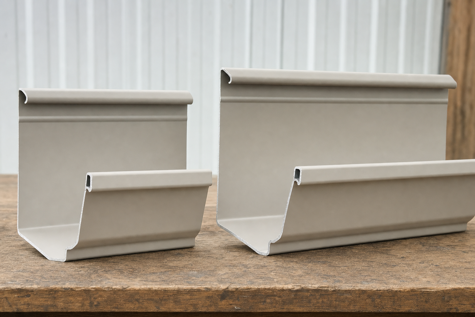 5-inch and 6-inch aluminum K-style gutter profiles compared side by side showing the larger cross-sectional capacity of a 6-inch gutter