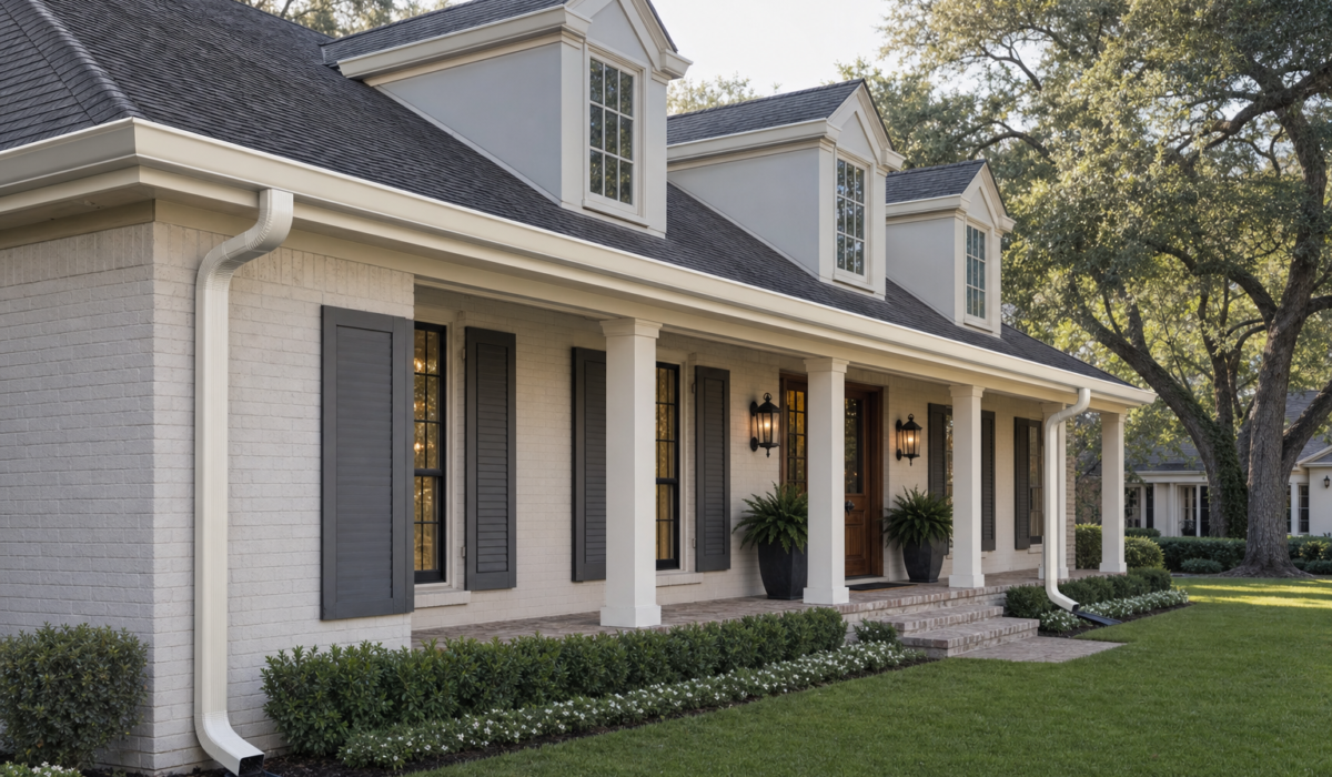 Houston home with wide 6-inch aluminum K-style seamless gutters and downspouts sized for heavy Gulf Coast rainfall