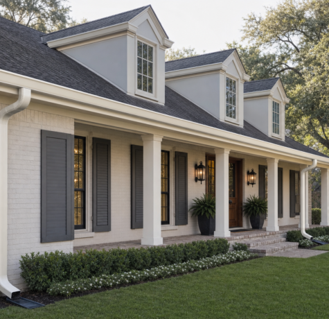 Houston home with wide 6-inch aluminum K-style seamless gutters and downspouts sized for heavy Gulf Coast rainfall