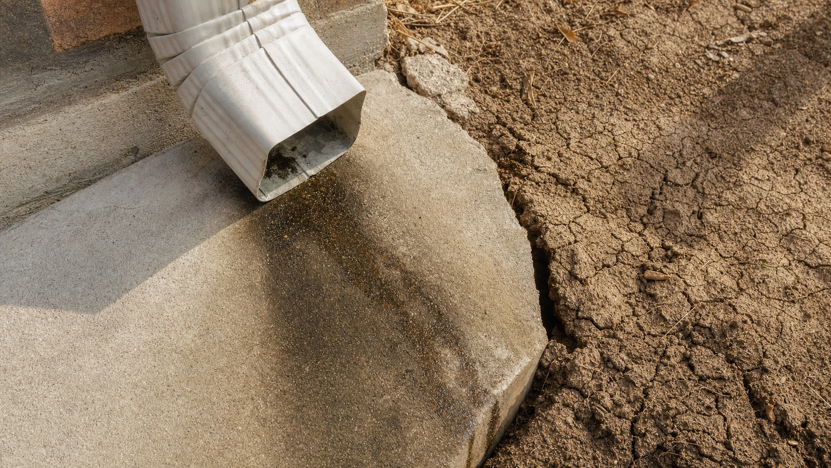 Gap forming between concrete splash block and shrinking Houston clay soil during dry summer weather