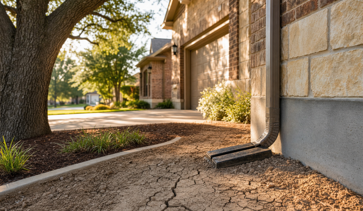 Houston clay soil home exterior with drought-cracked ground beside a well-drained downspout on a Houston brick home