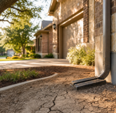 Houston clay soil home exterior with drought-cracked ground beside a well-drained downspout on a Houston brick home