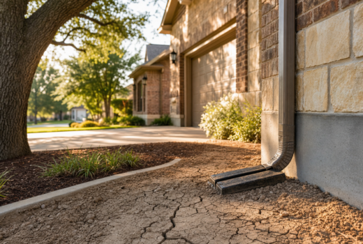 Houston clay soil home exterior with drought-cracked ground beside a well-drained downspout on a Houston brick home
